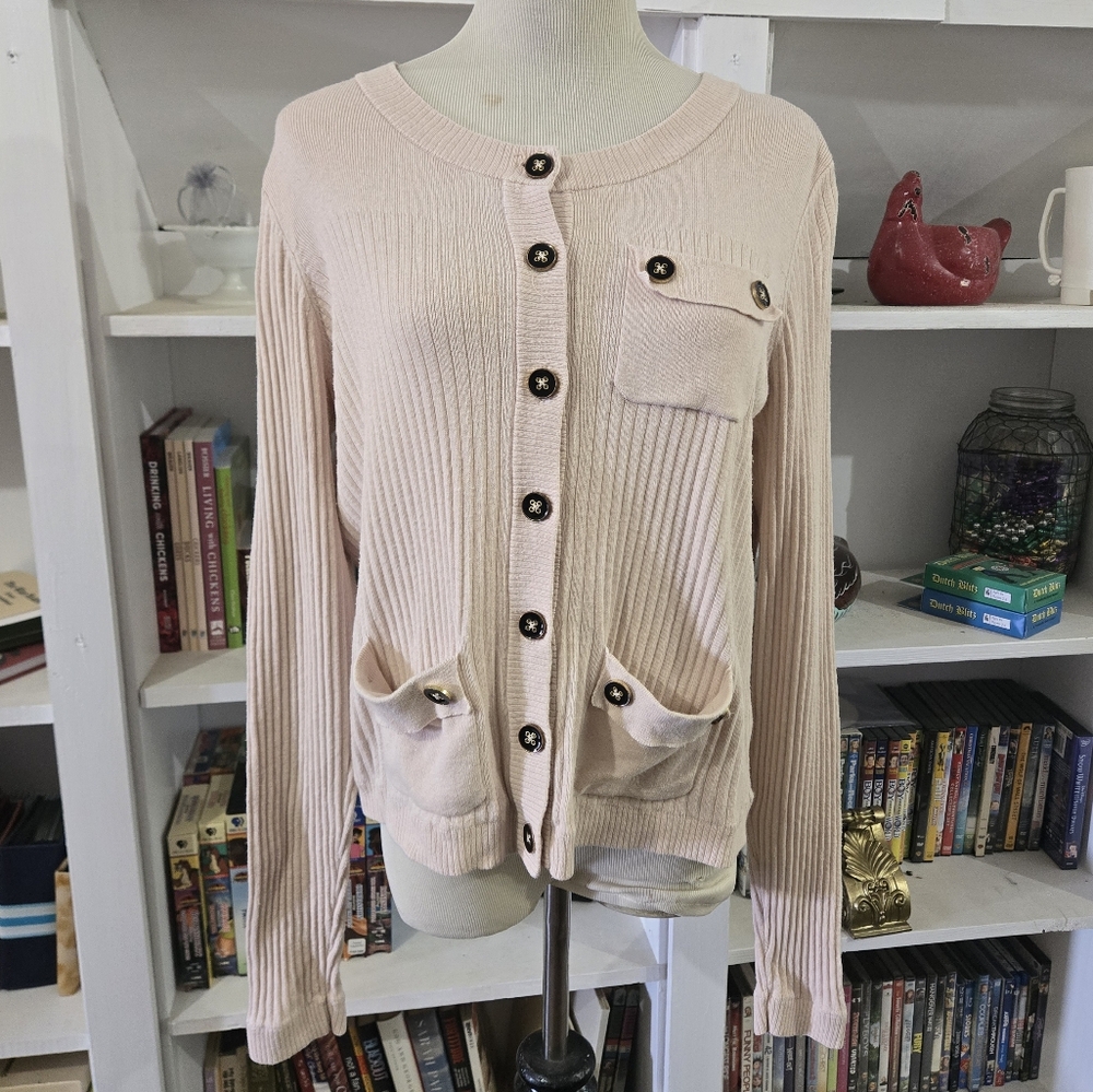 CAbi 494 Cotton Cashmere Blend Cameo Cardigan Women's Large Blush Pink Ribbed